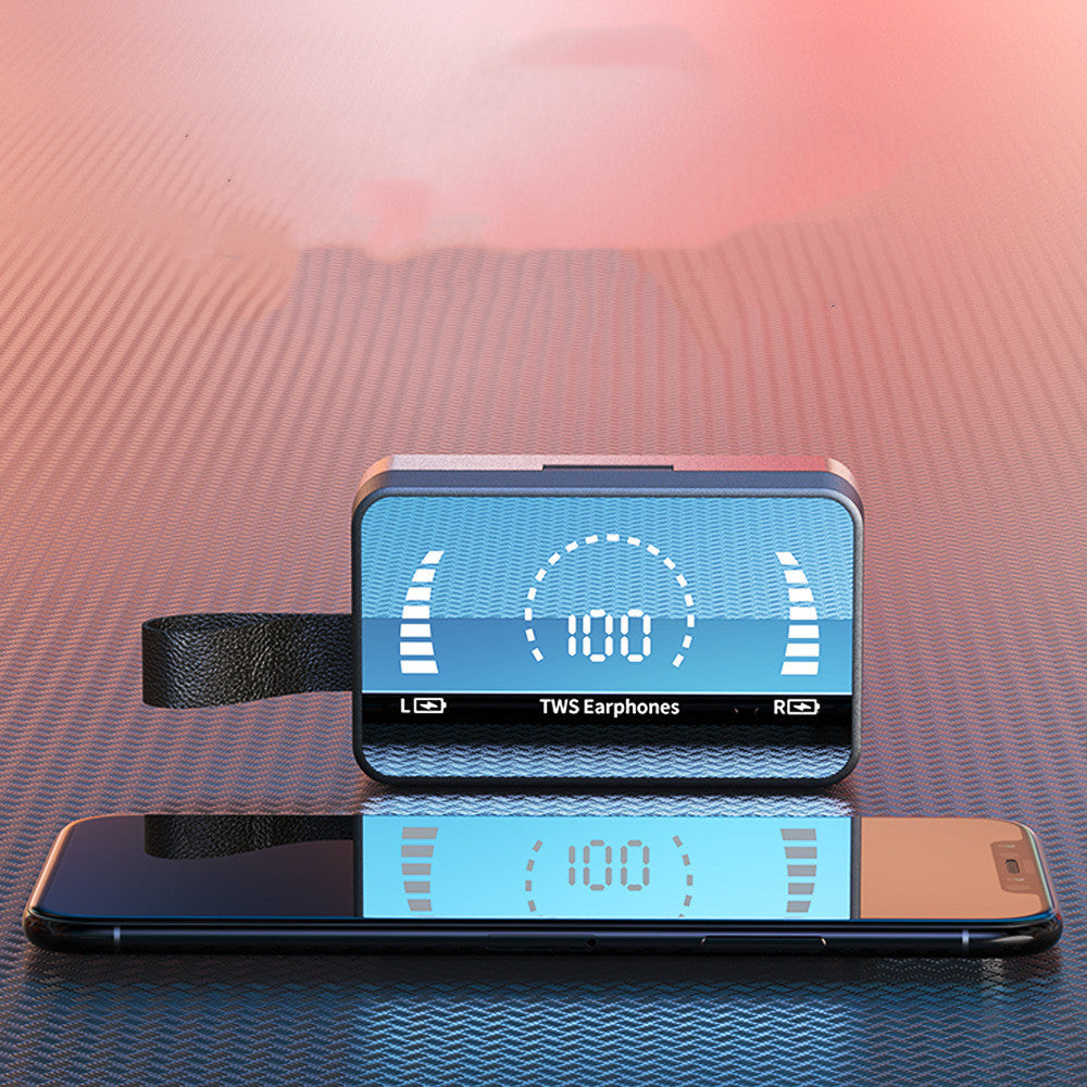 Bluetooth earphones charging case placed next to a smartphone on a textured surface.