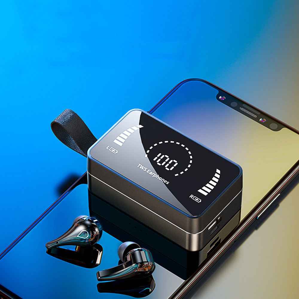 Bluetooth 5.0 earphones charging case with LED display next to wireless earbuds on a gradient background.